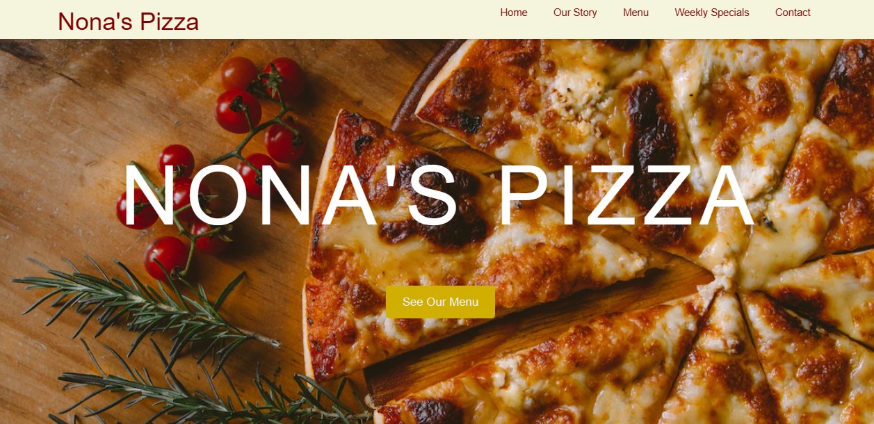 Screenshot of redesign Nona's Pizza website landing page show cheesy pizza